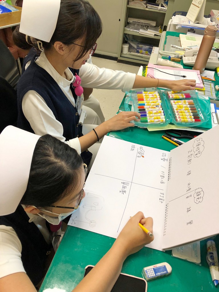 為了讓溝通更順暢，整形外科病房的護理師與翻譯志工陳碧玲（左）與郭謹英一起製作中文、寮文對照版本的護理照護手冊，除了文字一旁還有護理人員畫上可愛的插畫。