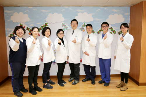 花蓮慈濟醫院兒少保護區域醫療整合中心主任張雲傑(右四)、兒少保護區域醫療整合中心個案管理師廖夏慧（左四）、小兒部兒童社區醫療科主任陳明群（右三）、兒童青少年精神科主任陳珮儀（右一）、社服室主任謝侑書（左一）與社工團隊