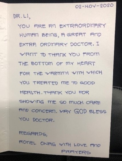 右圖：Mr. Onag給其主治醫師國際醫學中心李啟誠主任感謝卡。