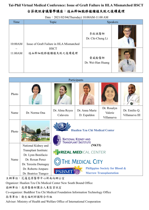 右圖：台菲視訊會議醫學講座：造血幹細胞移植種植失敗之後續處理 Tai-Phil Virtual Medical Conference: Issue of Graft Failure in HLA Mismatched HSCT議程表。