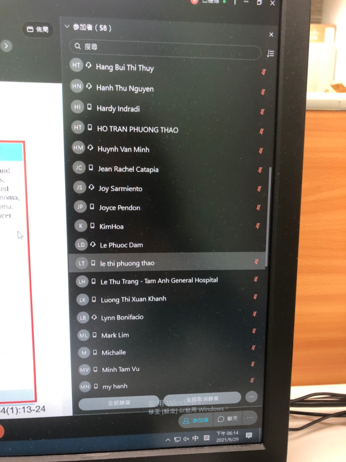 2021/09/29(三)新南向造血幹細胞移植遠距進階跨國講座: Allo-HSCT for Severe Aplastic Anemia多位新南向友人參與。